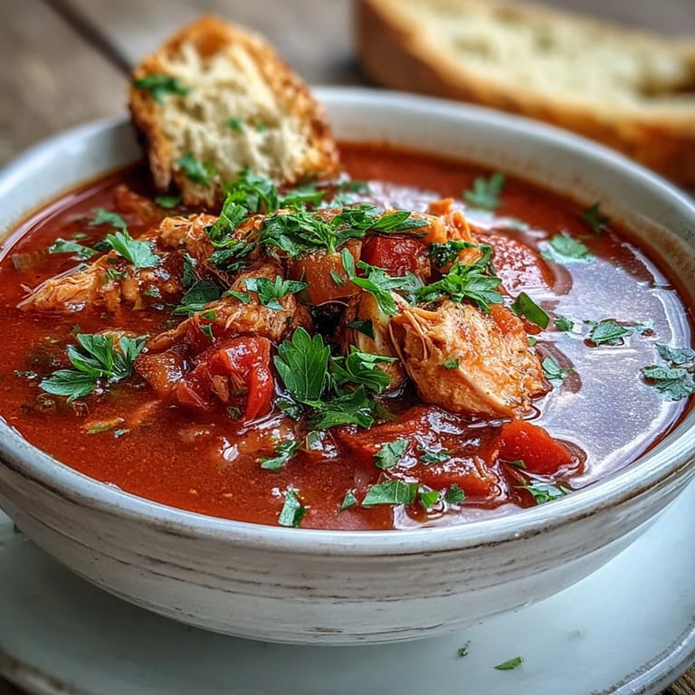 Close-up of Tuna and Tomato Soup with flaked tuna and diced tomatoes in a rich herbed broth.