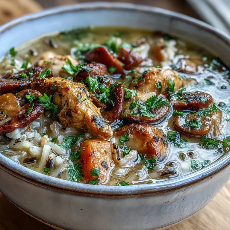 Hearty Parmesan Mushroom Chicken and Wild Rice Soup in a white bowl, topped with extra grated cheese.