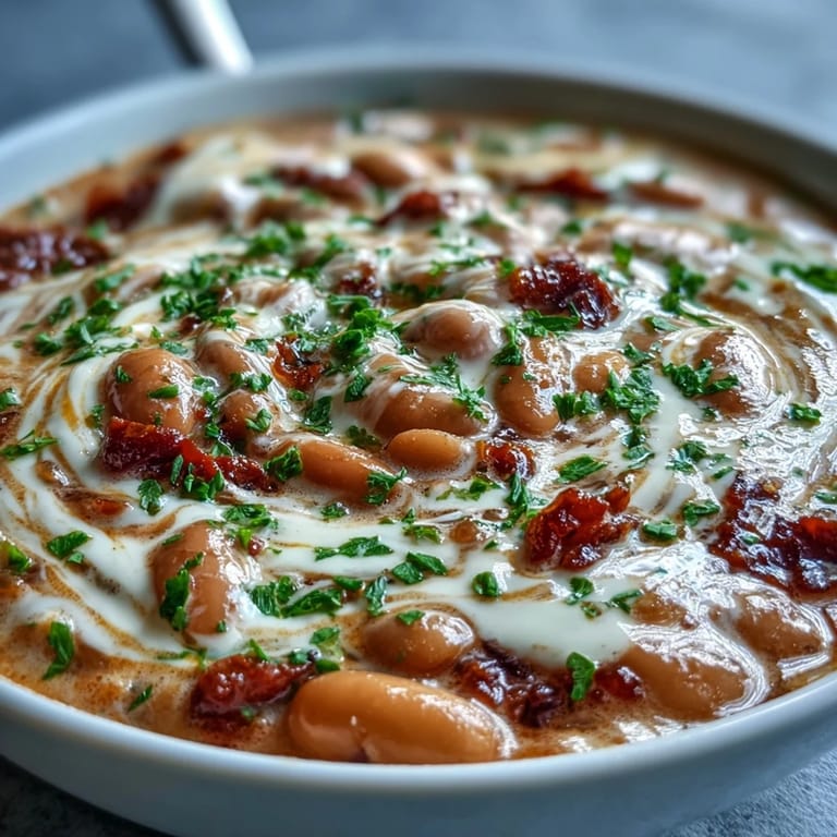 White Bean Soup with Tomato simmering in a pot, featuring diced tomatoes, onions, and a rich, velvety broth.