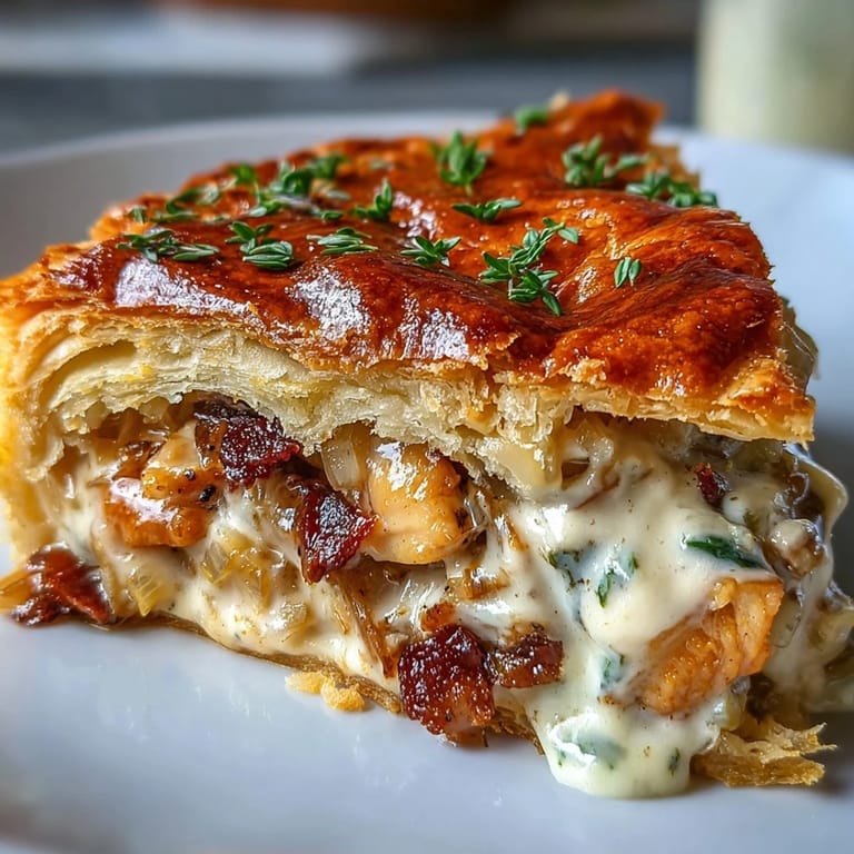 Savory Chicken and Leek Pie served in a white dish, paired with a crisp green salad.