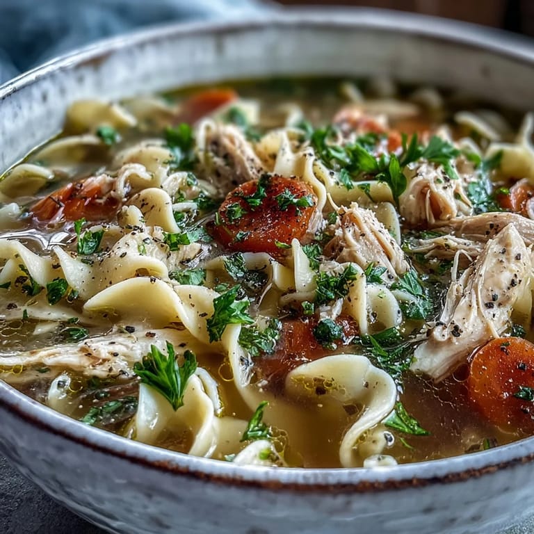 Hearty Chicken and Noodle Soup served in a rustic bowl, garnished with fresh parsley and a slice of crusty bread.