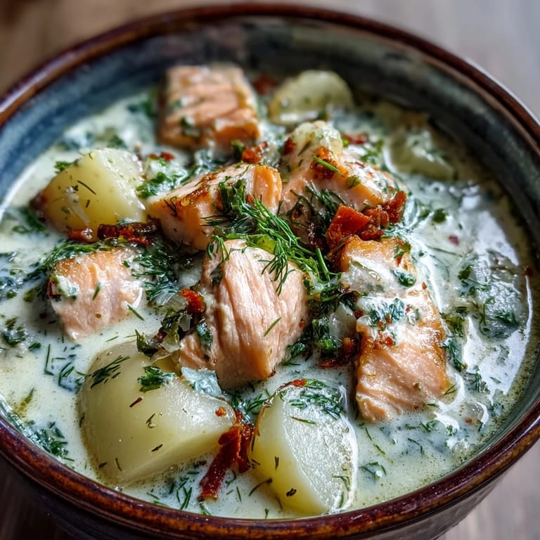 Hearty Finnish Salmon Soup served in a ceramic bowl, topped with fresh dill and ready to enjoy.