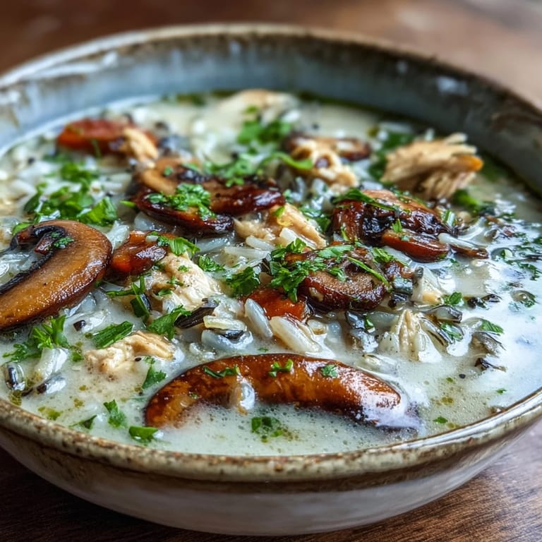 Spooning up Parmesan Mushroom Chicken and Wild Rice Soup, revealing tender chicken, mushrooms, and wild rice.