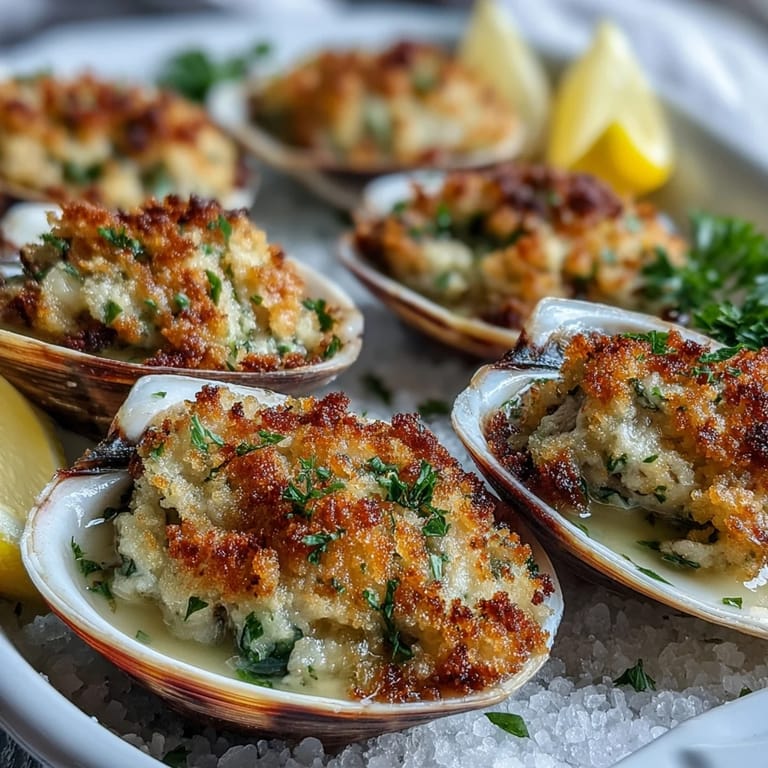 Savory Roasted Clams With Lemony Panko served warm over rock salt, releasing buttery garlic aromas ideal for a cozy dinner party.