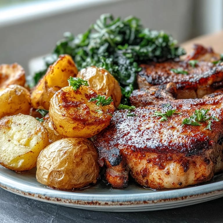 A close-up shows juicy, paprika-marinated pork chops with golden baby potatoes and wilted greens.