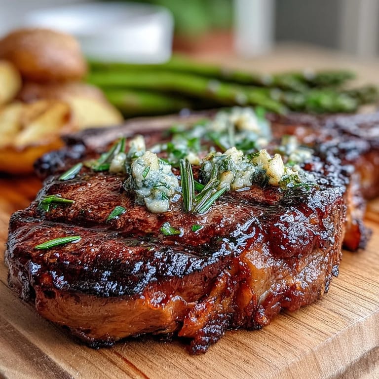 Perfectly grilled bone-in rib eye steak resting on a plate with lemon wedges, buttery potatoes, and charred asparagus.