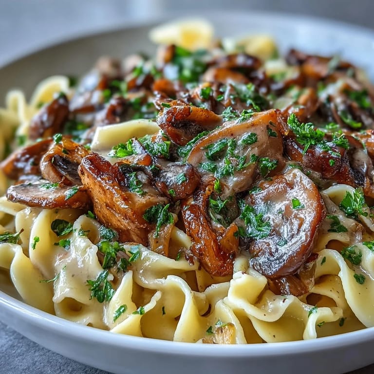 A generous bowl of Creamy Mushroom Stroganoff features glossy sauce coating fettuccine and savory mushrooms.