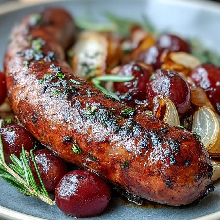 Golden-brown roasted sausages nestled among bursting, syrupy grapes, ready to serve alongside creamy polenta for a hearty Italian-inspired meal.