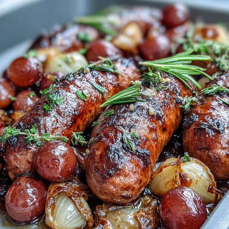 Sizzling roasted sausages paired with caramelized grapes and red onions, garnished with fresh rosemary, perfect for a cozy family dinner.