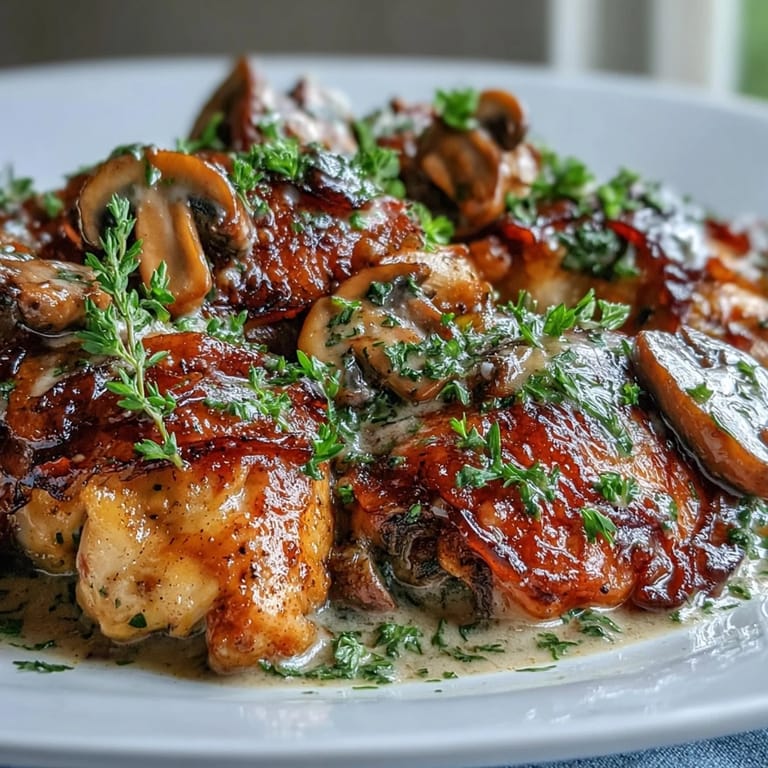 A close-up of Coq au Vin Rosé reveals juicy chicken thighs, sliced carrots, and cremini mushrooms in velvety sauce.