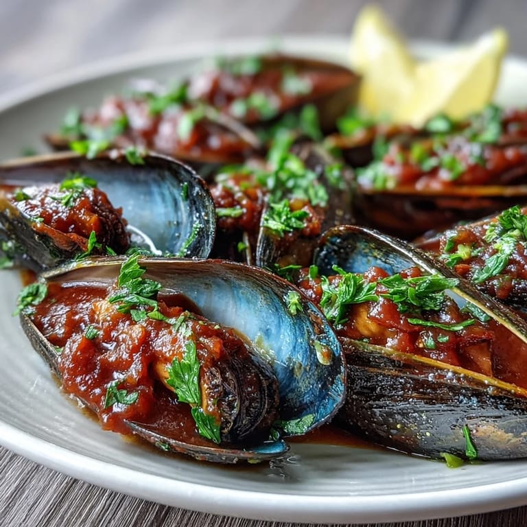 Steaming Smoky Mussels Pomodoro glistens with a vibrant red tomato sauce and fresh parsley garnish.