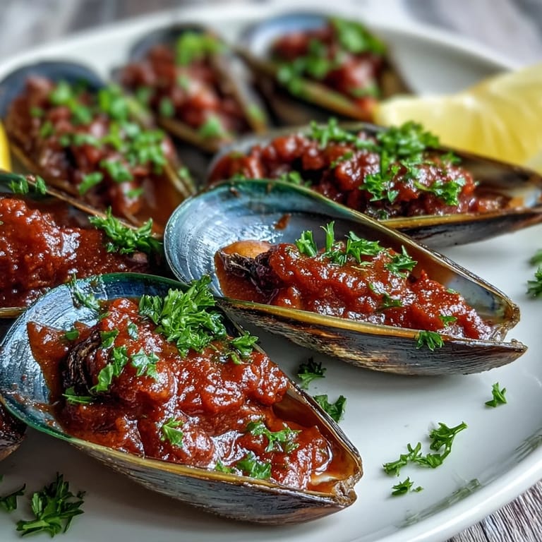 Garlicky Smoky Mussels Pomodoro with lemon wedges on the side, ready to serve immediately.