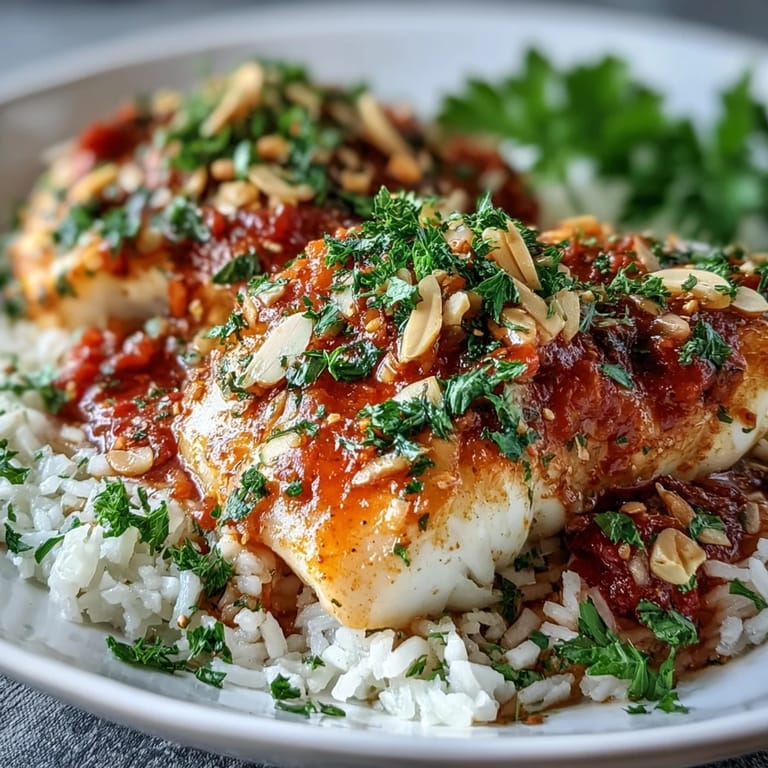 Tomato-Roasted Cod With Spiced Almonds in a zesty sauce, topped with toasted almonds and served with lemon.