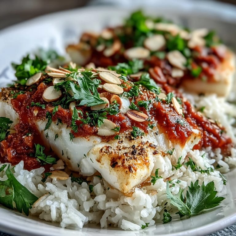 Plated Tomato-Roasted Cod With Spiced Almonds over ginger rice, finished with parsley and bright lemon wedges.