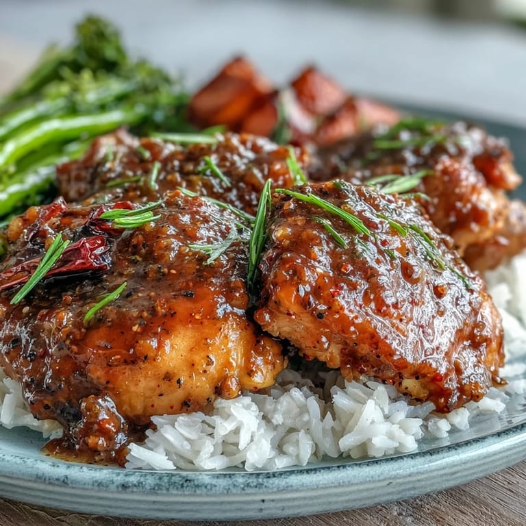Golden-brown Slow Cooker Honey Mustard Chicken garnished with fresh thyme, served family-style with a bowl of mashed potatoes and a drizzle of sauce.