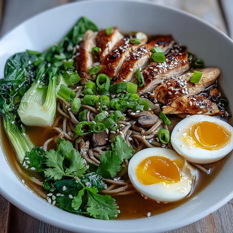 Overhead view of Healthy Miso Chicken Noodle Bowls with chopsticks lifting noodles, surrounded by fresh ingredients and chili oil on the side.