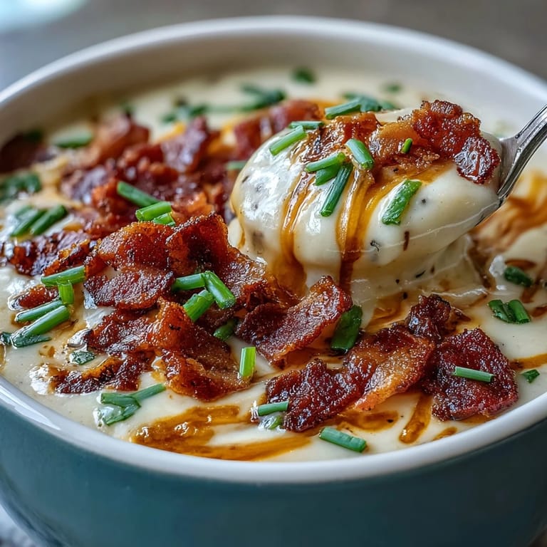 Spoon lifting velvety Loaded Potato Soup from a white bowl, garnished with crumbled bacon and extra cheese.