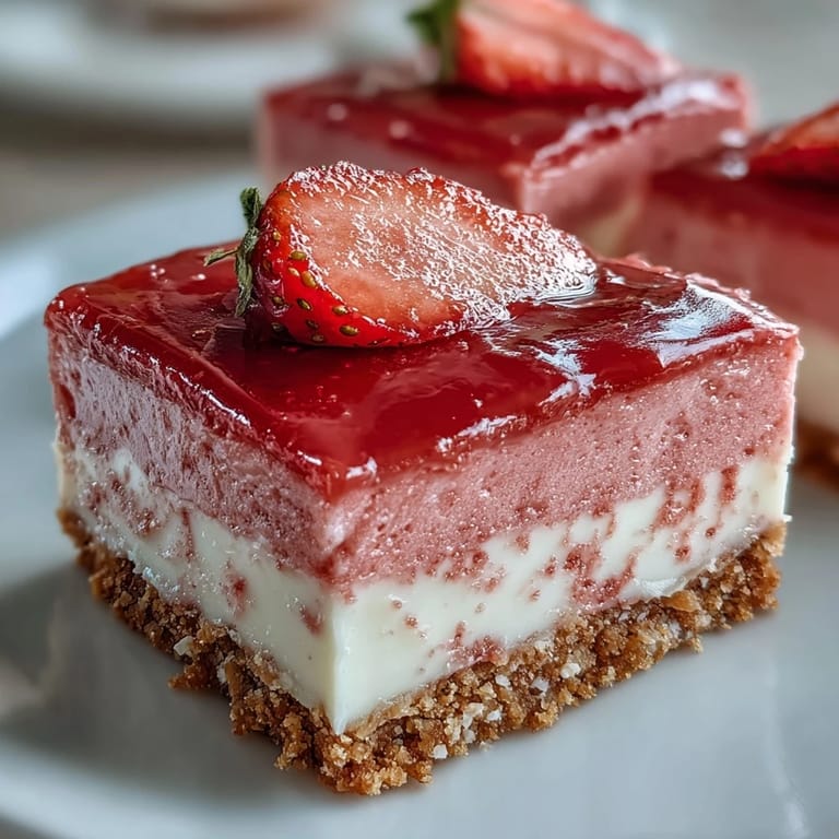 Vibrant No-Bake Strawberry Fudge Squares arranged on a platter with fresh strawberry slices and a dusting of sugar.