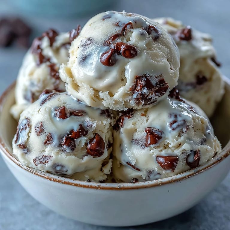 Homemade Greek Yogurt Cookie Dough in a glass bowl with a wooden scoop and chips.
