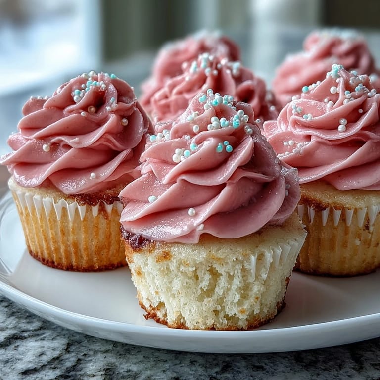 Tall Pink Velvet Cupcakes topped with vanilla buttercream frosting, ready to serve on a dessert platter.