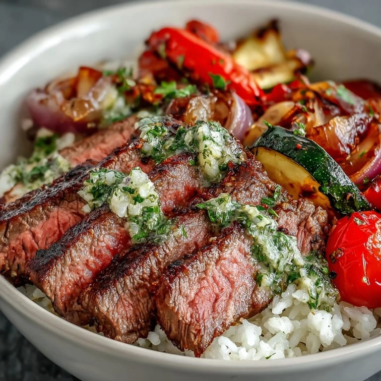 A vibrant Grilled Steak Bowl with juicy steak, colorful roasted veggies, and herbaceous chimichurri ready to serve.
