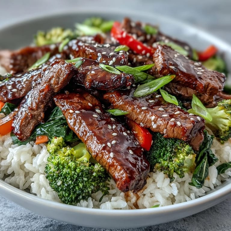 Colorful sautéed carrots, red bell peppers, and broccoli mingle with tender beef in a savory teriyaki glaze over steamed rice.