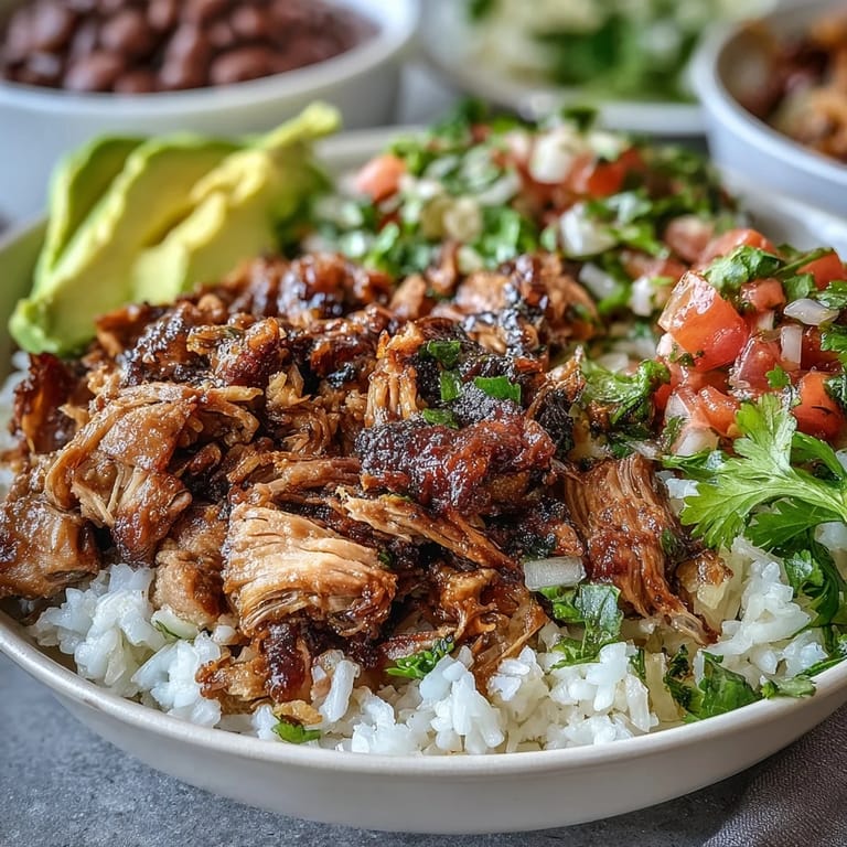An overhead view of a colorful Carnitas Bowl with hearty pinto beans and tender carnitas on rice.