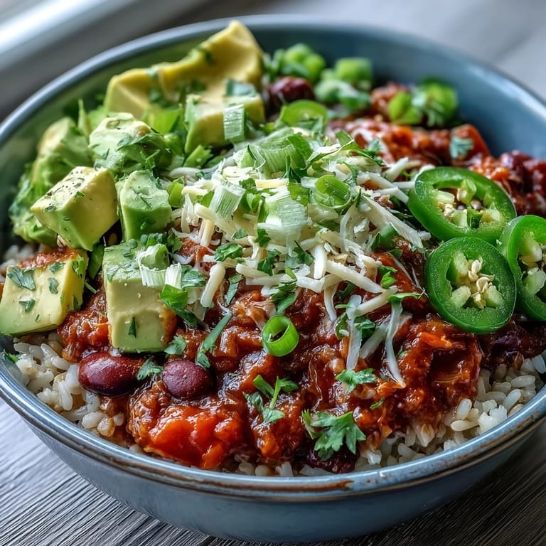 A ladle pours a scoop of rich Chili Bowl Base over fluffy white rice with shredded cheddar and sour cream.