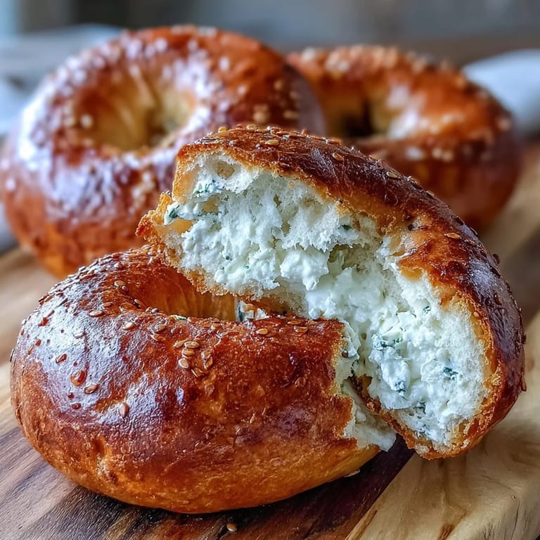 Homemade Greek Yogurt Bagels with a fluffy interior, brushed with egg wash and sprinkled with sesame seeds on a baking tray.