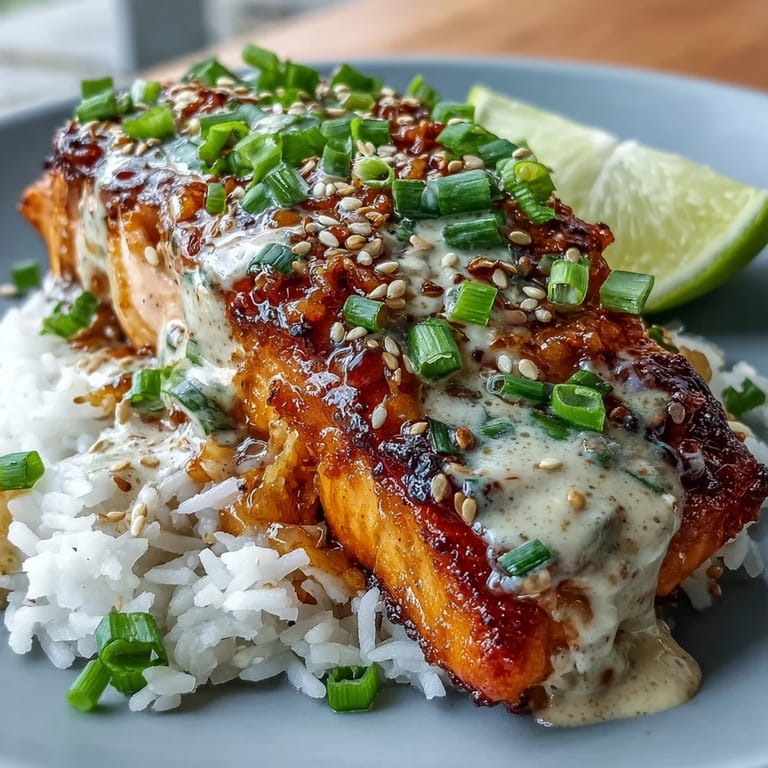 Golden grilled Bang Bang Salmon with a glossy Bang Bang sauce drizzle, served alongside steamed rice for a complete meal.