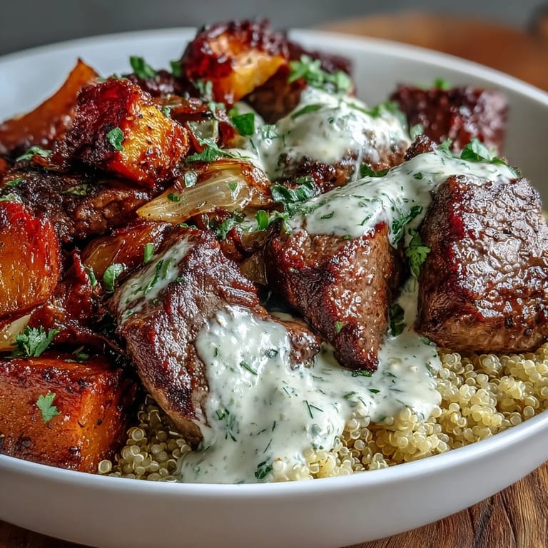 Golden, tender butternut squash roasts alongside herb-crusted steak cubes in this hearty quinoa bowl with creamy garlic sauce.