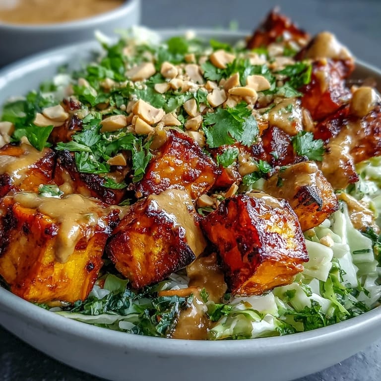 A vibrant, plant-based Thai Peanut Sweet Potato Buddha Bowl with avocado, broccoli, and chopped peanuts, served as a colorful main dish for dinner.