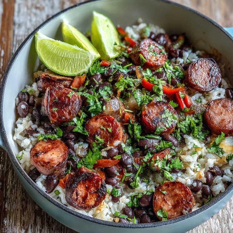 A steaming serving of the Black Beans, Sausage, and Rice Skillet in a cast-iron skillet, highlighting the vibrant red bell peppers and onions.