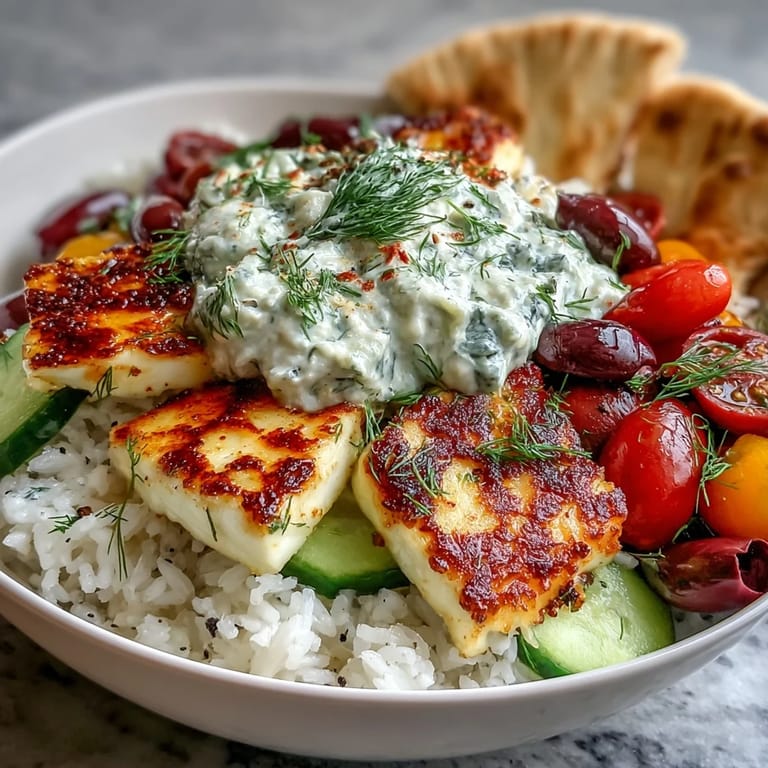 Close-up of a Greek Halloumi Power Bowl with juicy cherry tomatoes, red onion, and a generous dollop of tzatziki sauce.