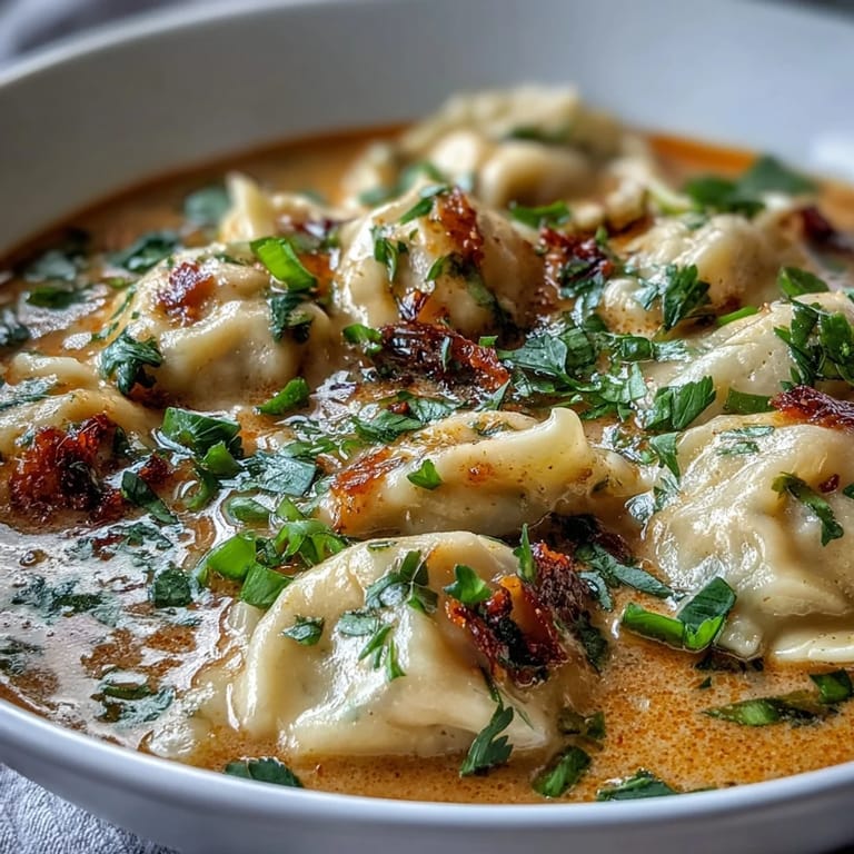 Warm quick coconut curry soup with dumplings, garnished with crunchy garlic and fresh herbs.