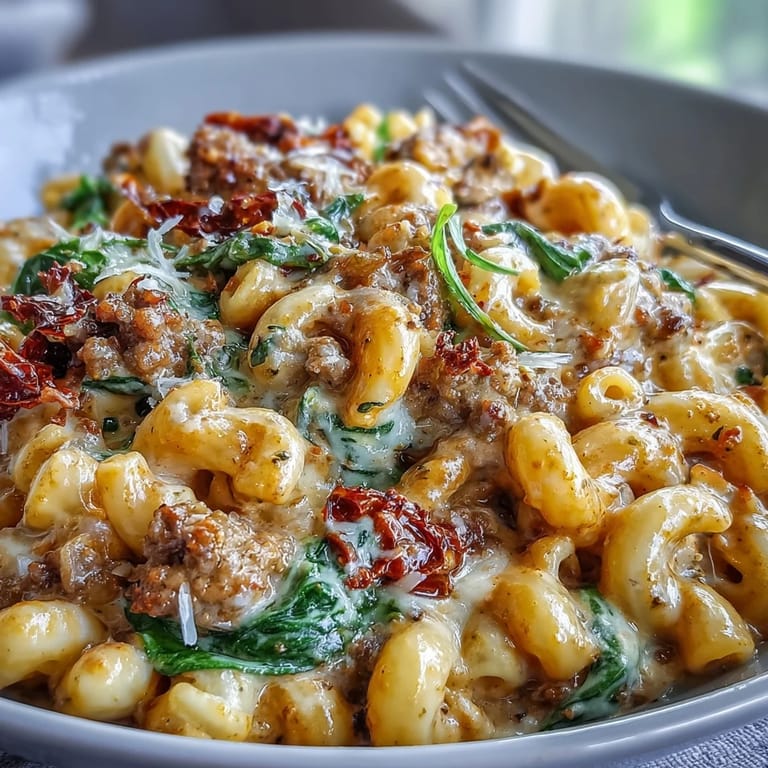 A fork lifts creamy pasta with ground beef, sun-dried tomatoes, and spinach from a skillet of Creamy Tuscan Chili Mac.
