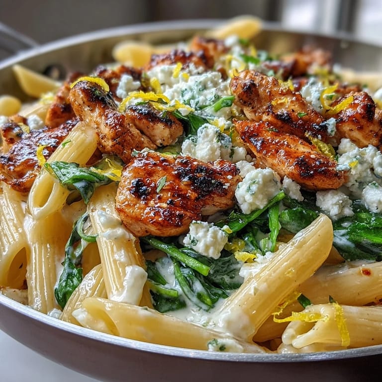 Fork twirls through creamy Greek Chicken Feta Pasta, showcasing tender chicken, feta crumbles, and wilted spinach. 