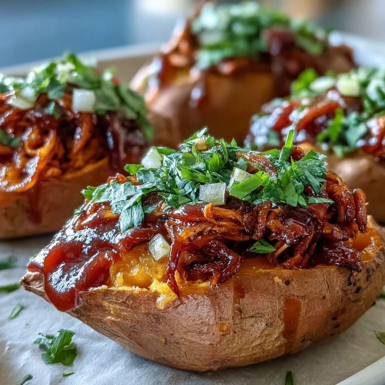 Fork-tender sweet potatoes cradling a sweet and tangy honey BBQ chicken filling, topped with fresh cilantro.