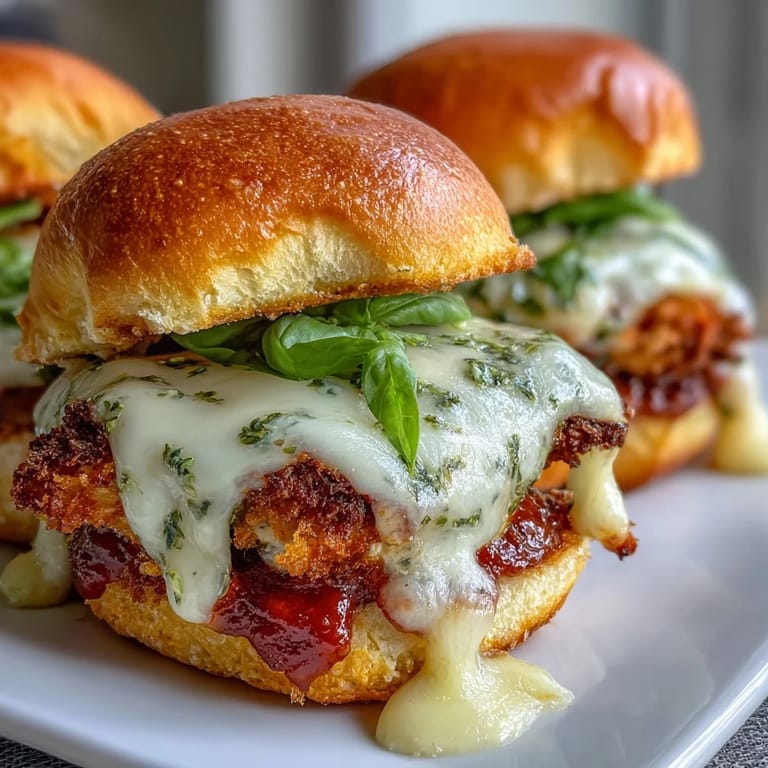Pesto Chicken Parmesan Sliders stacked high on a serving tray, ready for a party with extra marinara.