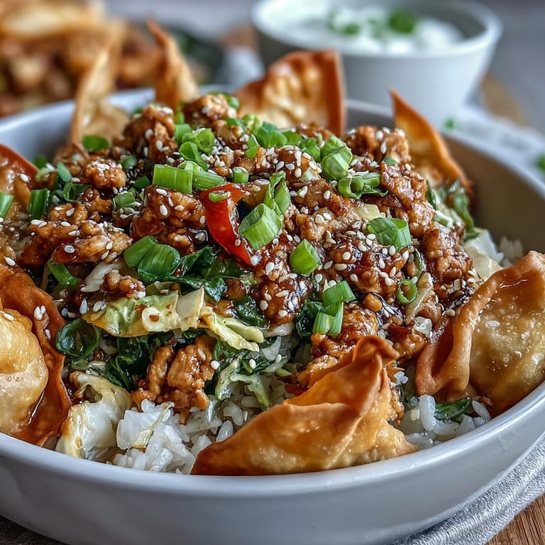 Deconstructed Crispy Baked Egg Roll Chicken Bowls served warm with steamed rice and chili sauce.