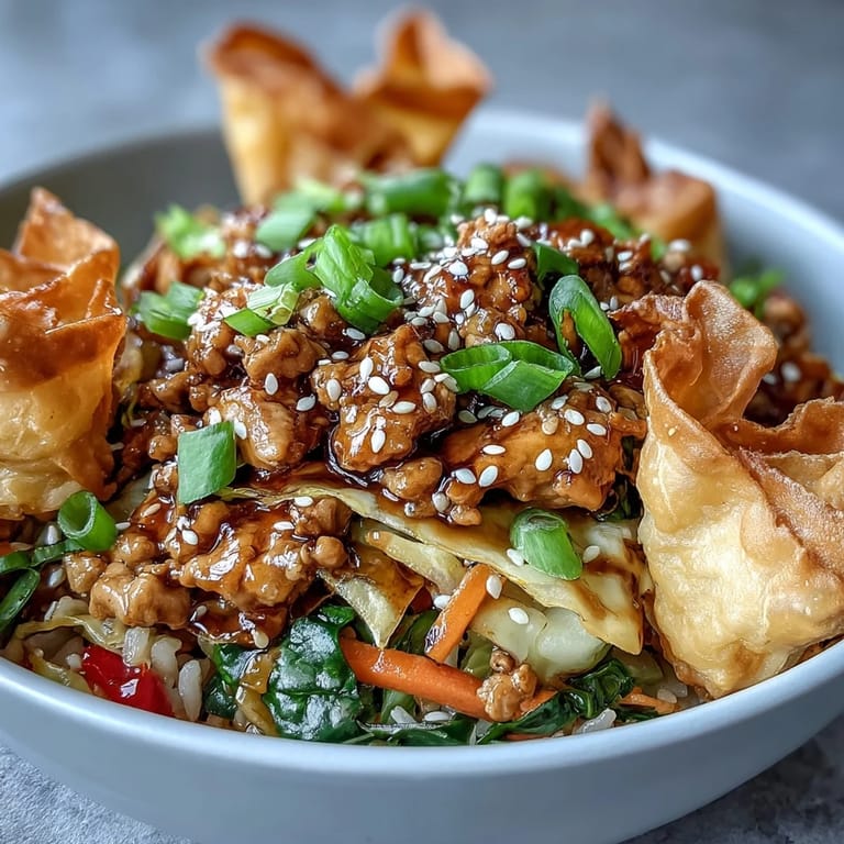 Savory Crispy Baked Egg Roll Chicken Bowls topped with sesame seeds and vibrant stir-fried veggies.