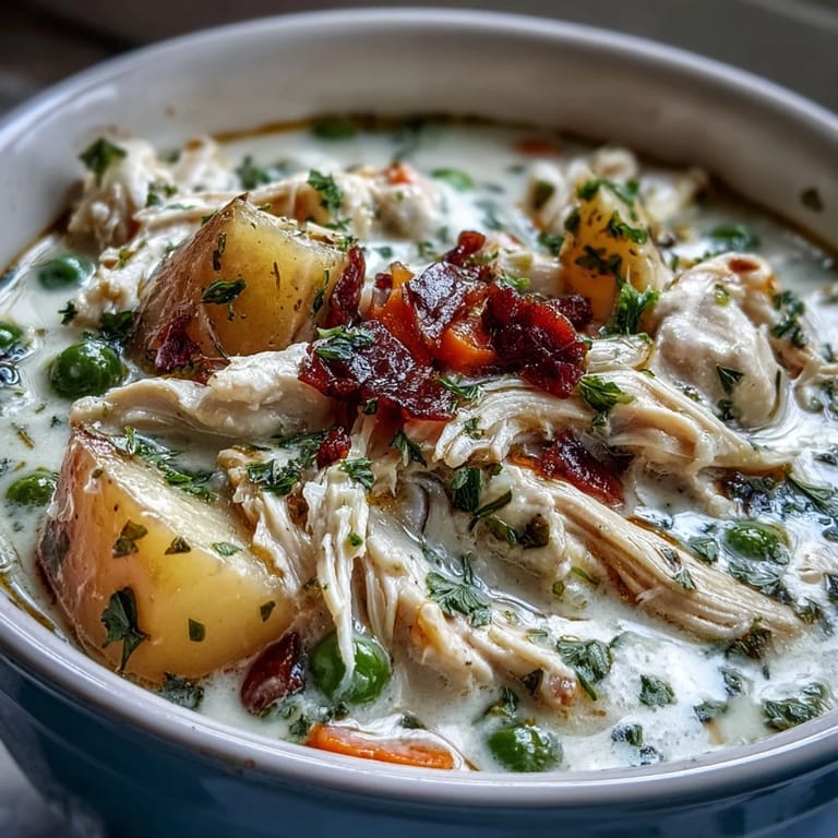 A ladle pouring the thick and creamy chicken soup with carrots, peas, and tender rotisserie chicken into a white bowl.
