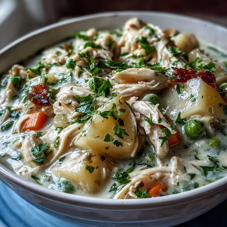 Steaming bowl of Creamy Chicken Pot Pie Soup featuring chunky Yukon Gold potatoes and celery in a rich, velvety broth.