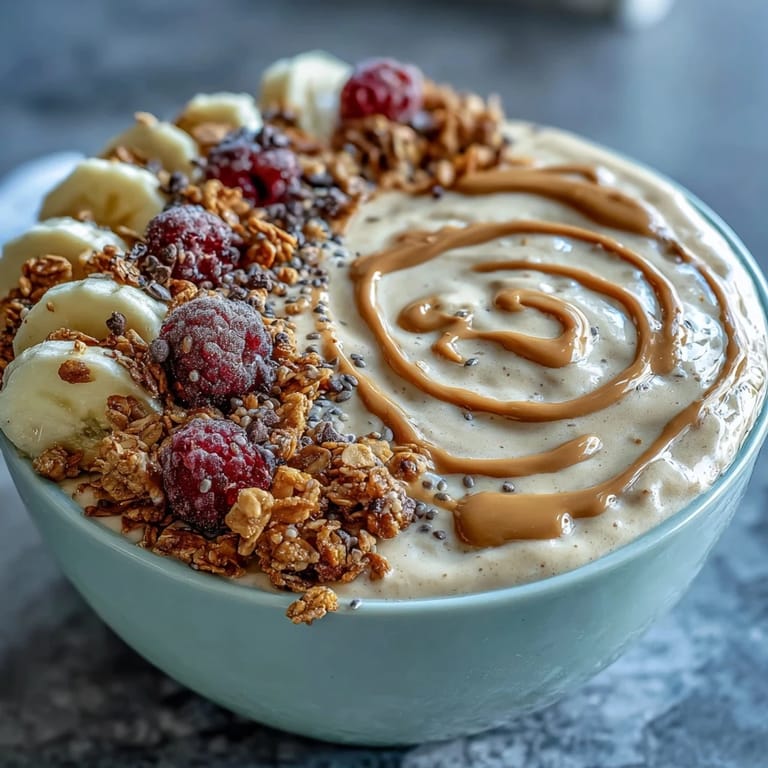Golden peanut butter drizzle coats the luscious Vegan Peanut Butter Banana Protein Smoothie Bowl.
