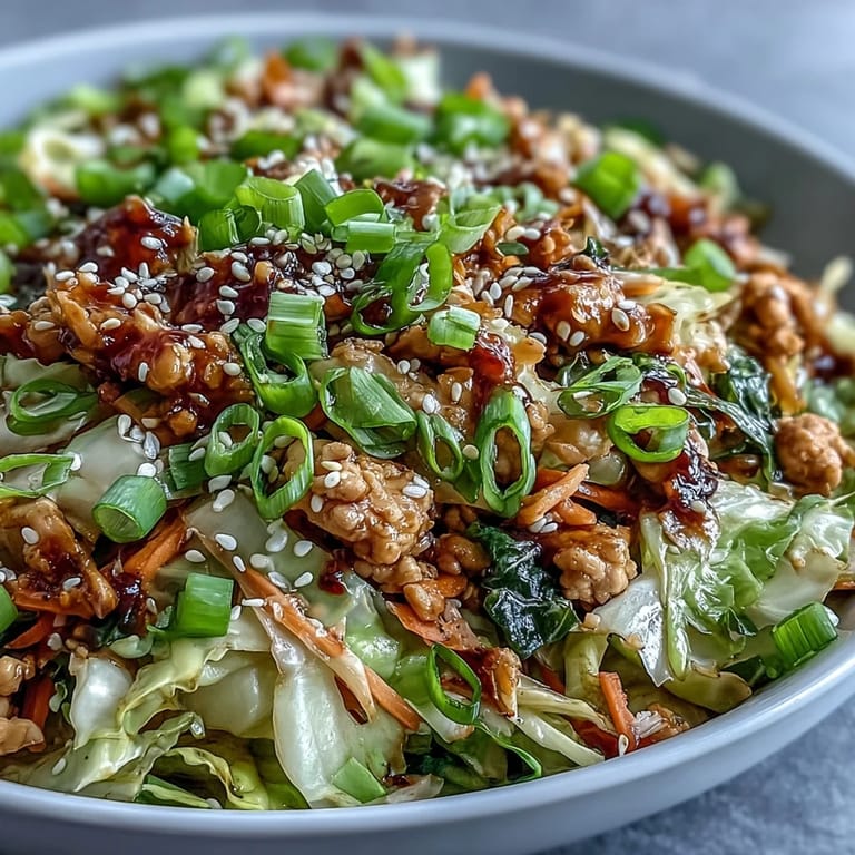 A close-up of the High-Volume Cabbage and Turkey Stir-Fry revealing tender turkey crumbles and shredded green cabbage coated in a glossy, savory sauce.