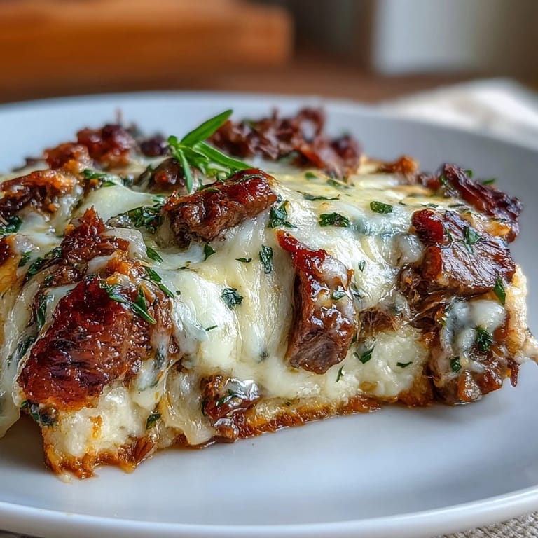 Sliced beef and colorful peppers mingle in a golden, cheesy Keto Philly Cheesesteak Casserole with Cauliflower Rice straight from the oven.