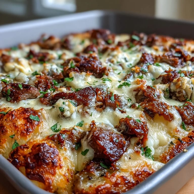 A hearty serving of Keto Philly Cheesesteak Casserole with Cauliflower Rice shows melted cheese and tender beef on a dinner plate.