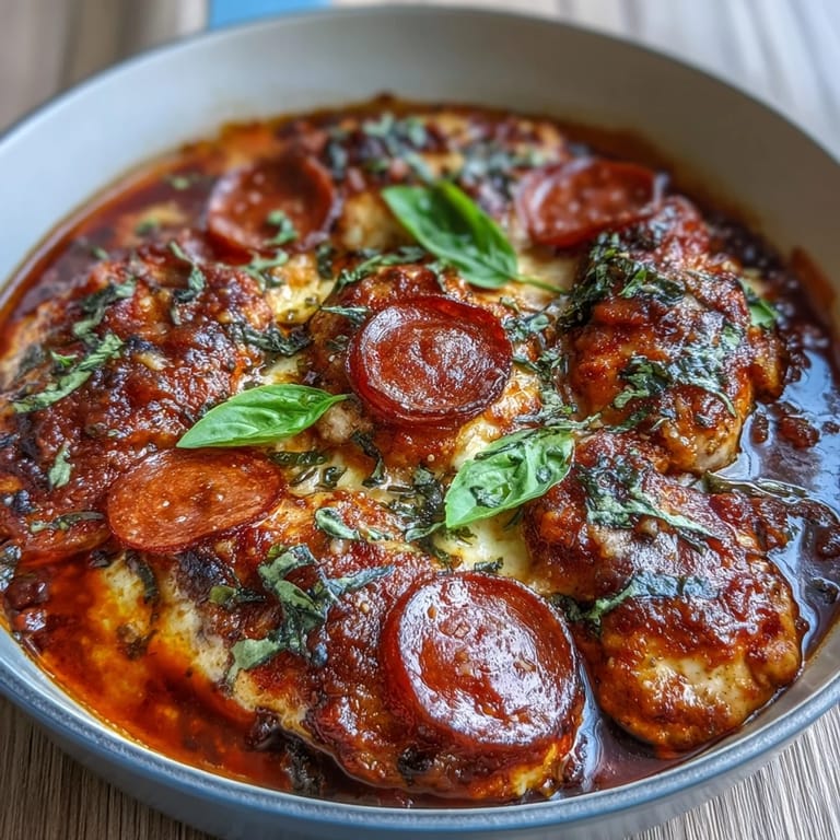 Golden brown Keto Pepperoni Pizza Chicken Bake served hot from the oven, topped with fresh basil and ready to enjoy with a side salad.