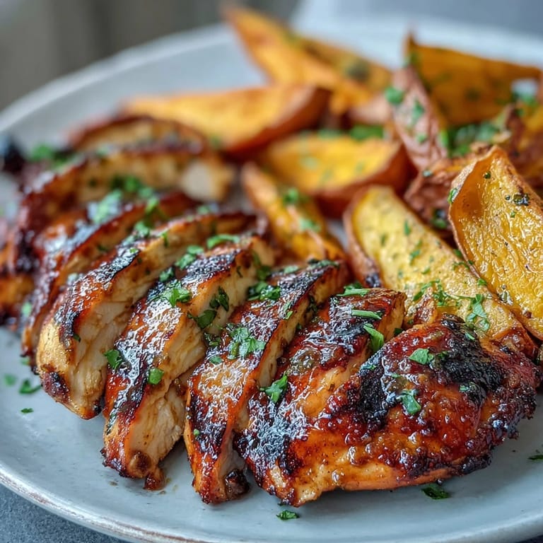Juicy Honey Mustard Grilled Chicken with char marks pairs beautifully with golden roasted sweet potato wedges on a plate.