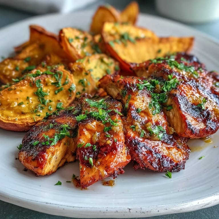 Savory Honey Mustard Grilled Chicken is served warm alongside tender roasted sweet potato wedges for a wholesome dinner.